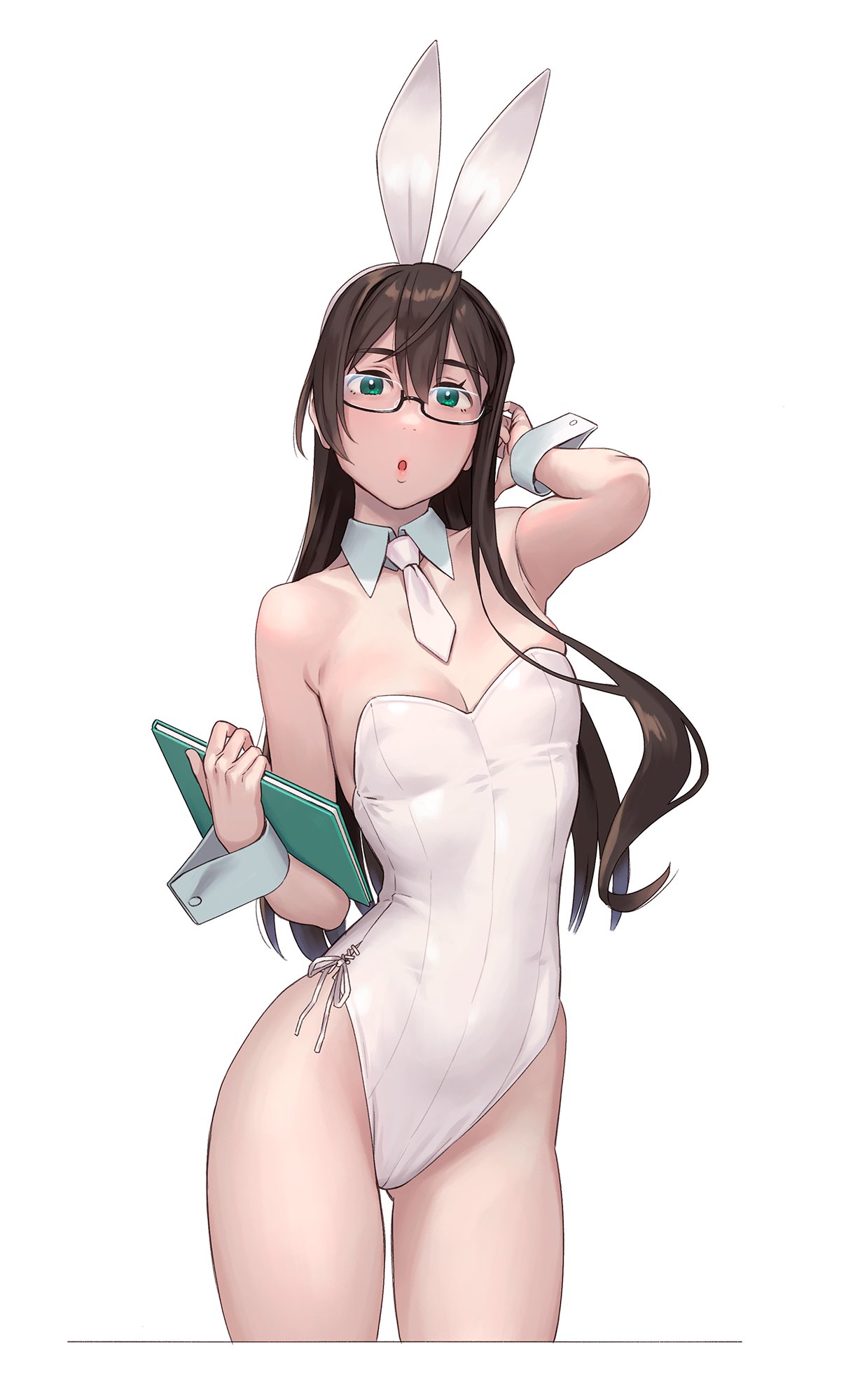 1girl animal_ears aqua_eyes black-framed_eyewear black_hair cowboy_shot detached_collar fake_animal_ears glasses hair_between_eyes highres kantai_collection leotard long_hair looking_at_viewer ooyodo_(kancolle) open_mouth rabbit_ears simple_background solo strapless strapless_leotard white_background white_leotard wrist_cuffs yuuji_(and)