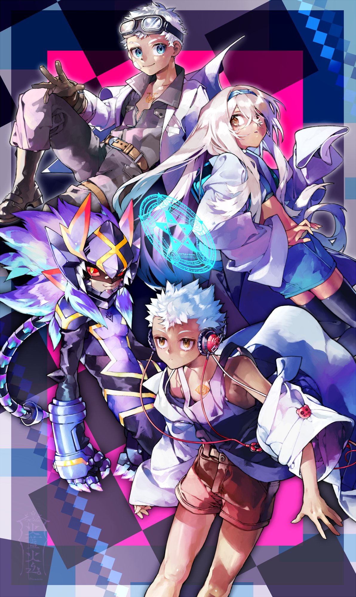 1girl 3boys :3 bangs belt bertro_(housamo) black_footwear black_gloves black_tank_top blue_eyes blue_skirt boots brown_eyes brown_shorts closed_mouth colored_sclera curren_(housamo) dark-skinned_female dark-skinned_male dark_skin duo_(housamo) feet_out_of_frame full_body gloves goggles goggles_on_head hair_between_eyes headband headphones helmet highres isaac_(housamo) jumpsuit kazanniro labcoat long_hair looking_at_viewer looking_away miniskirt multiple_boys open_mouth oversized_clothes oversized_shirt partially_unzipped red_sclera shirt short_hair shorts signature skirt smile tank_top tattoo thigh-highs thighs tokyo_afterschool_summoners white_hair yellow_eyes