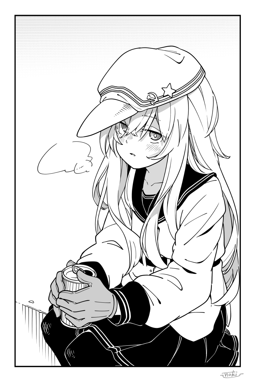 1girl blush can collarbone commission eyebrows_visible_through_hair fujinoki_(horonabe-ken) gloves greyscale hair_between_eyes hammer_and_sickle hat hibiki_(kancolle) highres holding holding_can kantai_collection long_hair long_sleeves monochrome open_mouth pleated_skirt sailor_collar sailor_shirt shirt signature skirt solo thigh-highs verniy_(kancolle)