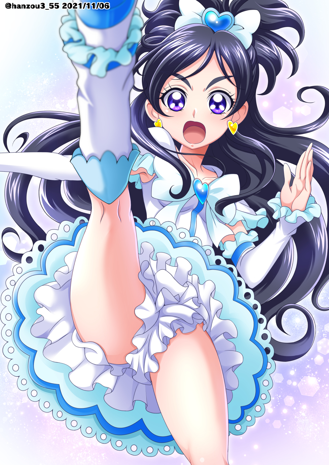 1girl black_hair bloomers blue_ribbon boots breasts brooch collarbone cure_white dated detached_sleeves dress earrings frills futari_wa_precure futari_wa_precure_max_heart gradient gradient_background hair_ornament hanzou heart heart_brooch heart_earrings heart_hair_ornament high_kick highres jewelry kicking long_hair open_mouth precure purple_background ribbon small_breasts solo twitter_username underwear violet_eyes white_bloomers white_dress yukishiro_honoka