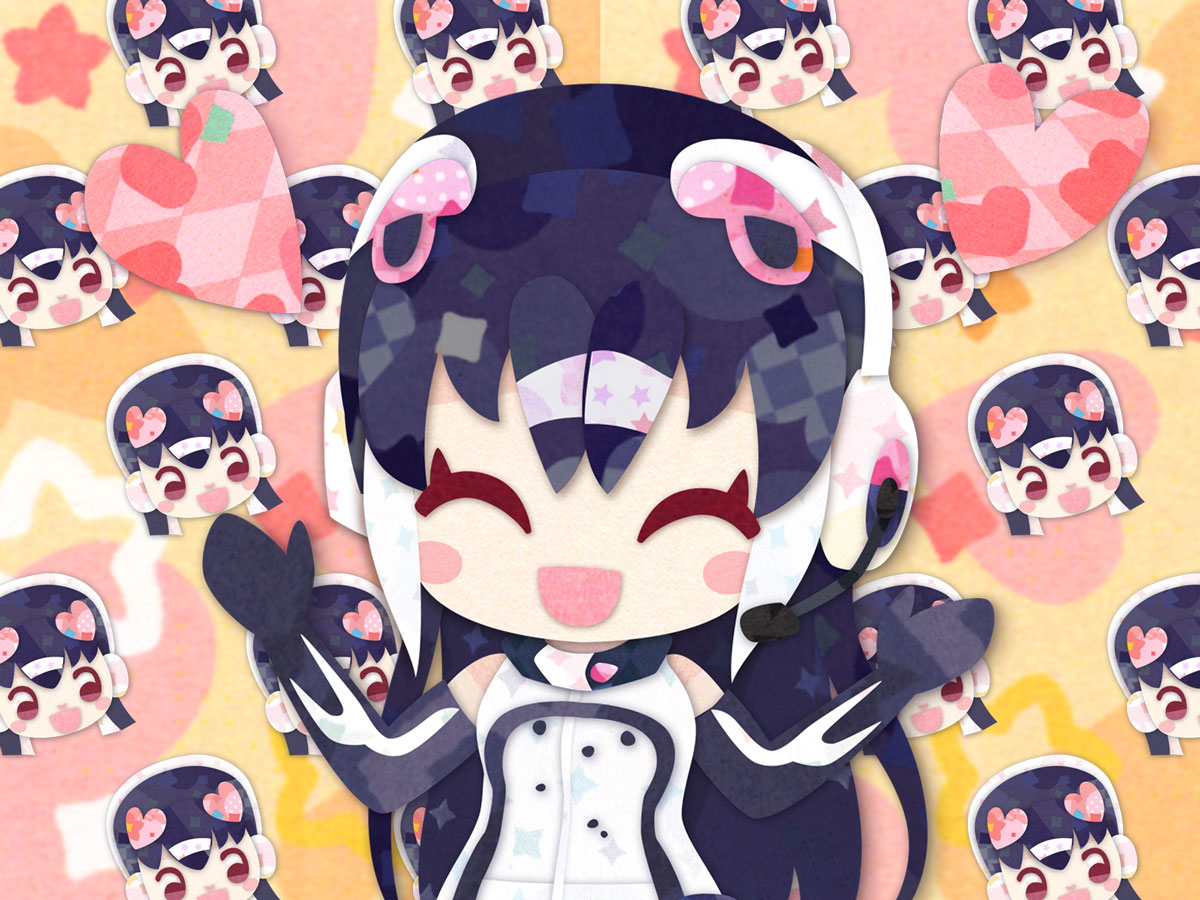 1girl african_penguin_(kemono_friends) animal_costume black_hair closed_eyes gloves headphones heart kemono_friends kemono_friends_v_project kikuchi_milo long_hair looking_at_viewer multicolored_hair open_mouth penguin_costume shirt skirt smile solo straight_hair virtual_youtuber