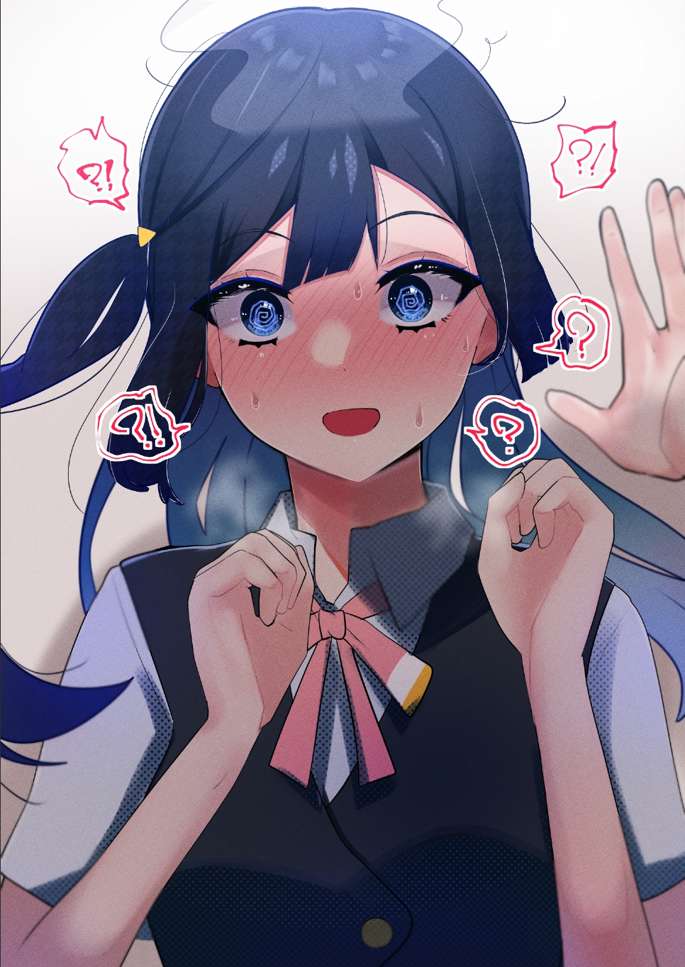 !? ? @_@ bangs black_eyes black_hair blush commentary highres kabedon long_hair love_live! love_live!_nijigasaki_high_school_idol_club nijigasaki_academy_school_uniform one_side_up pov school_uniform sidelocks speech_bubble steam sweat upper_body yaa-kun yuuki_setsuna_(love_live!)