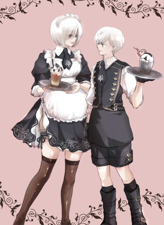 1boy 1girl apron black_dress black_footwear black_gloves black_shorts black_thighhighs black_vest bob_cut boots breasts buttons cup dress drinking_straw feet_out_of_frame food gloves holding holding_plate ice_cream iced_coffee knee_boots looking_at_another maid_headdress medium_breasts necktie nier_(series) nier_automata pink_background plate puffy_sleeves shirt short_dress short_hair shorts sundae thigh-highs thigh_strap tomo_(552252) vest waiter waitress white_apron white_hair white_shirt yorha_no._2_type_b yorha_no._9_type_s