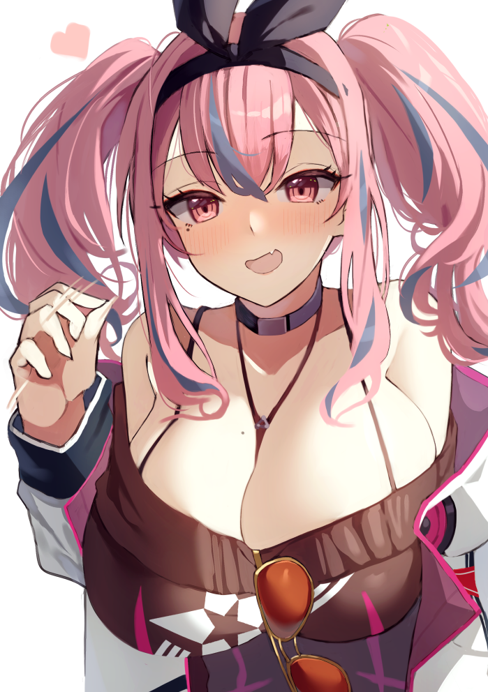 1girl :d azur_lane bangs bare_shoulders black_hairband black_sweater blush breasts bremerton_(azur_lane) bremerton_(day-off_date)_(azur_lane) choker commentary_request eyebrows_visible_through_hair eyewear_removed fang grey_hair hair_between_eyes hairband hand_up heart jacket long_hair long_sleeves mole mole_on_breast multicolored_hair off-shoulder_sweater off_shoulder open_clothes open_jacket open_mouth pink_eyes pink_hair simple_background skin_fang smile solo streaked_hair suminagashi sunglasses sweater twintails upper_body white_background white_jacket