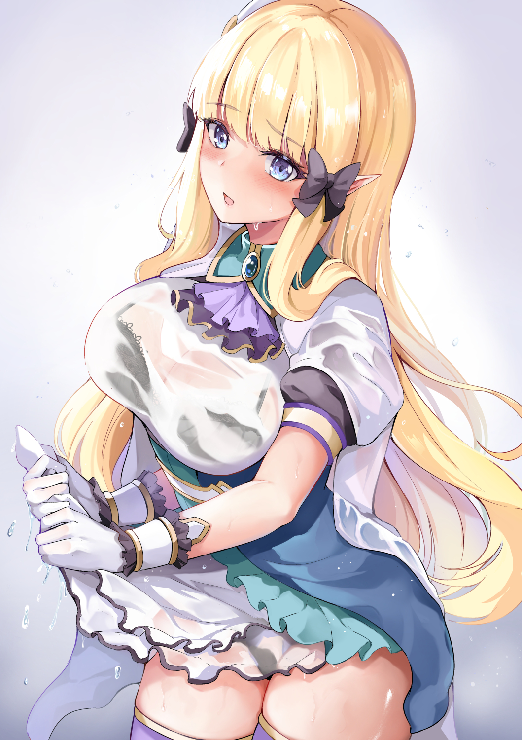 1girl ascot bangs black_bow blonde_hair blue_dress blue_eyes blush bow bralines breasts brooch cape dress elf gloves hair_bow highres jewelry konka large_breasts long_hair looking_at_viewer open_mouth pointy_ears princess_connect! saren_(princess_connect!) sidelocks solo thigh-highs underbust wet wet_clothes white_cape white_gloves