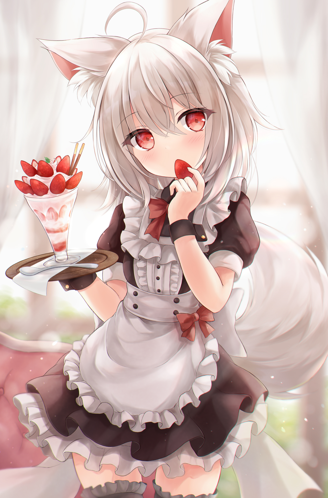 1girl ahoge animal_ear_fluff animal_ears bangs black_dress black_legwear blush bow bowtie character_request commission day dress dress_bow eating eyebrows_visible_through_hair eyes_visible_through_hair food fox_ears fox_girl fox_tail frilled_dress frilled_legwear frills fruit grey_hair hair_between_eyes hands_up highres holding holding_food holding_fruit holding_tray ice_cream indoors kata_rosu looking_at_viewer maid medium_hair pocky red_bow red_bowtie red_eyes short_sleeves skeb_commission solo spoon standing strawberry tail tail_raised thigh-highs tray white_dress wrist_cuffs zettai_ryouiki
