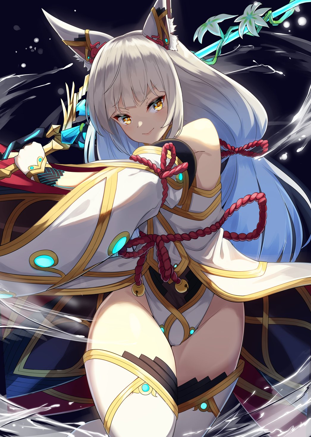 1girl animal_ear_fluff animal_ears bangs blunt_bangs catalyst_scimitar closed_mouth dark_background detached_sleeves flower gloves grey_hair highleg highleg_leotard highres holding holding_sword holding_weapon igayan leotard long_hair looking_to_the_side low_twintails nia_(blade)_(xenoblade) nia_(xenoblade) smile solo sword thigh-highs twintails v-shaped_eyebrows weapon white_gloves white_legwear white_leotard xenoblade_chronicles_(series) xenoblade_chronicles_2 yellow_eyes