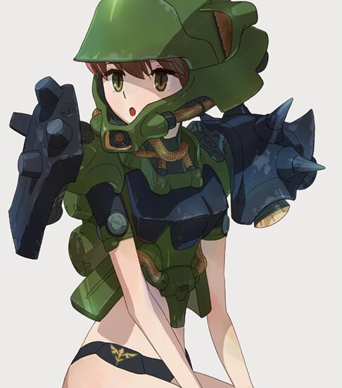1girl :o armor bengus black_panties brown_hair cable char's_counterattack geara_doga green_eyes grey_background gundam helmet looking_to_the_side mecha_musume panties personification shoulder_armor shoulder_spikes solo spikes underwear zeon