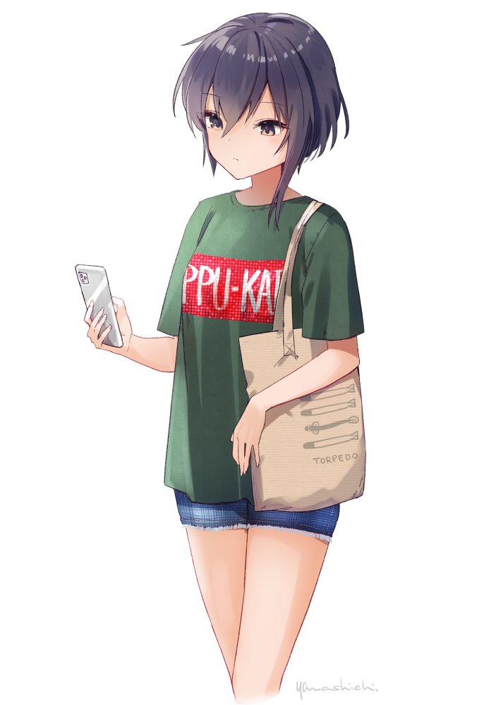 1girl artist_name asymmetrical_hair black_hair blue_shorts brown_eyes cellphone closed_mouth clothes_writing eyebrows_visible_through_hair feet_out_of_frame green_shirt hair_between_eyes holding holding_phone i-13_(kancolle) kantai_collection one-hour_drawing_challenge phone shirt short_hair short_sleeves shorts signature simple_background smartphone solo white_background yamashichi_(mtseven)