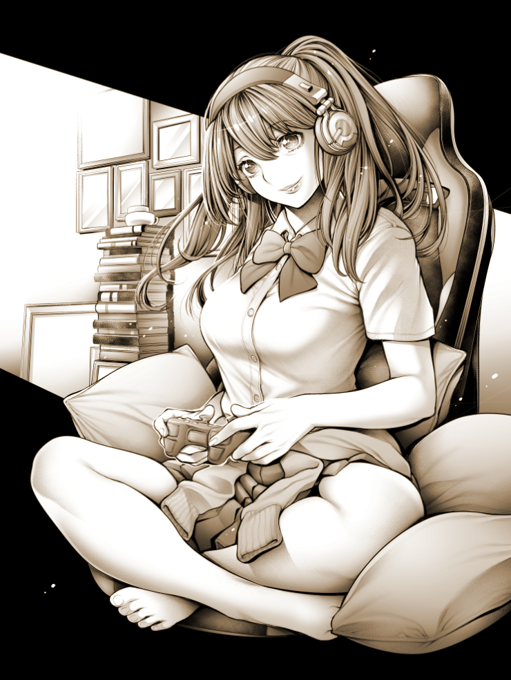 1girl bangs barefoot book book_stack bow bowtie breasts chair clothes_around_waist collared_shirt commentary_request controller feet full_body gaming_chair headphones holding holding_controller indian_style long_hair looking_at_viewer medium_breasts monochrome original pillow pleated_skirt ponytail shirt short_sleeves sitting skirt smile solo sweater sweater_around_waist temutemutemu toes