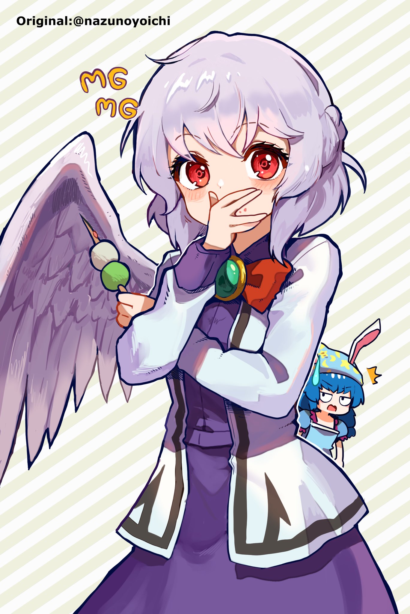 2girls blue_hair blush bow bowtie braid brooch chibi covering_mouth diagonal_stripes dress feathered_wings flying_sweatdrops french_braid highres howhow_notei jacket jewelry jitome kishin_sagume long_sleeves looking_at_viewer multiple_girls open_mouth purple_dress red_eyes seiran_(touhou) short_hair single_wing striped striped_background touhou vertical_stripes wings
