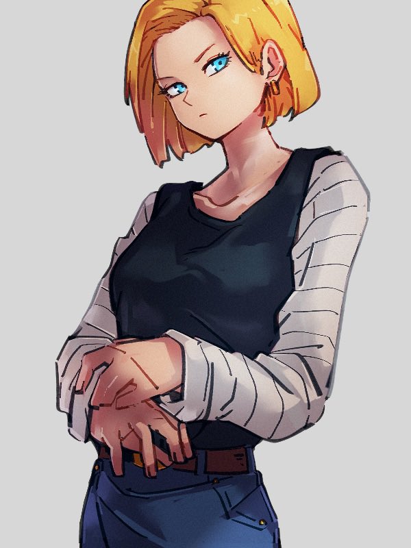 1girl android_18 black_shirt blonde_hair blue_eyes closed_mouth collarbone dragon_ball dragon_ball_z earrings grey_background jewelry kemachiku long_sleeves looking_at_viewer shirt short_hair simple_background solo striped_sleeves white_sleeves