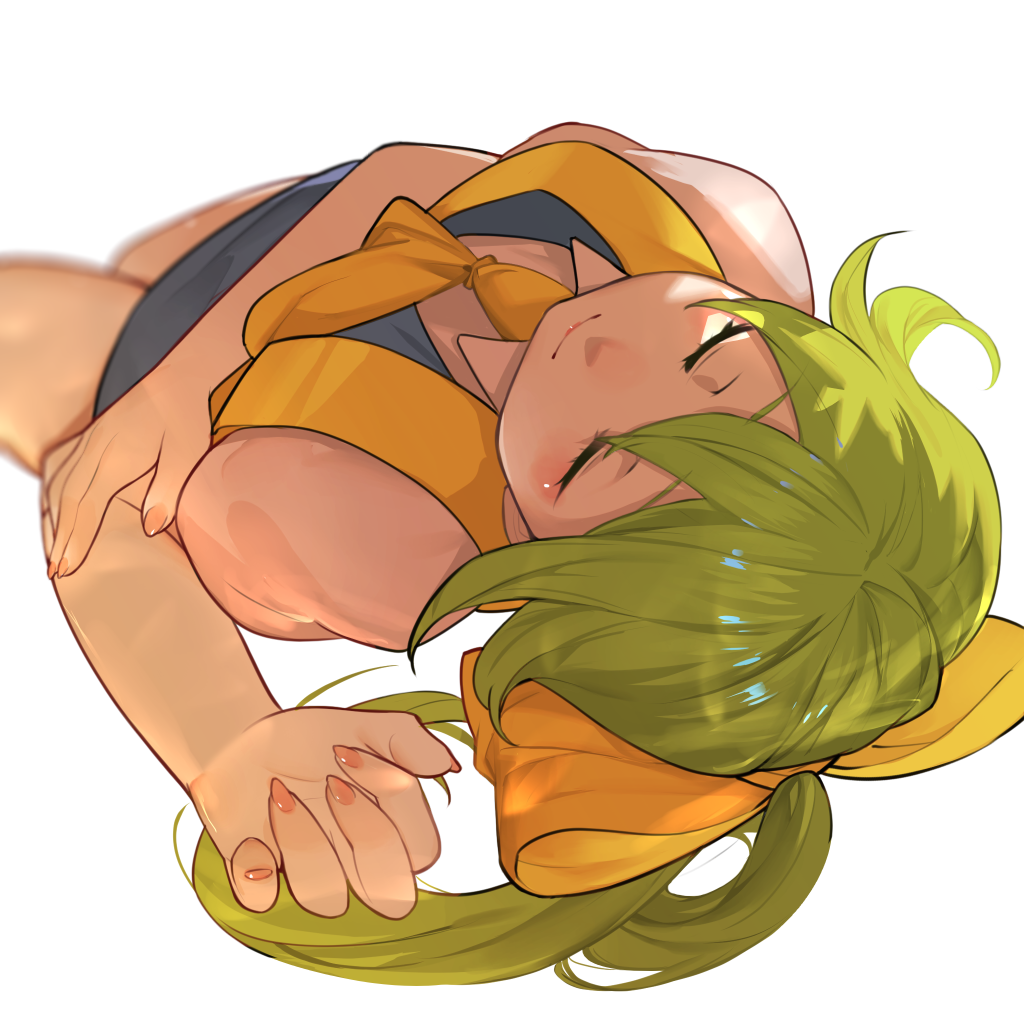 1girl ascot bangs blue_dress blush bow closed_eyes closed_mouth collared_shirt colored_skin commentary_request cookie_(touhou) daiyousei diyusi_(cookie) dress eyebrows_visible_through_hair feet_out_of_frame green_hair hair_bow high-visibility_vest jiyu_(jiyusi) medium_hair pinafore_dress pink_nails ponytail shirt short_sleeves simple_background smile solo touhou upside-down white_background white_shirt white_skin yellow_ascot yellow_bow