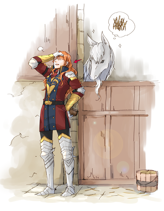 1boy armored_boots arrow_(symbol) bangs black_pants boots bucket closed_eyes ferdinand_von_aegir fire_emblem fire_emblem:_three_houses full_body gloves hair_between_eyes hand_on_hip horse long_hair male_focus open_mouth orange_hair pants robaco shiny shiny_hair sketch standing straight_hair white_gloves