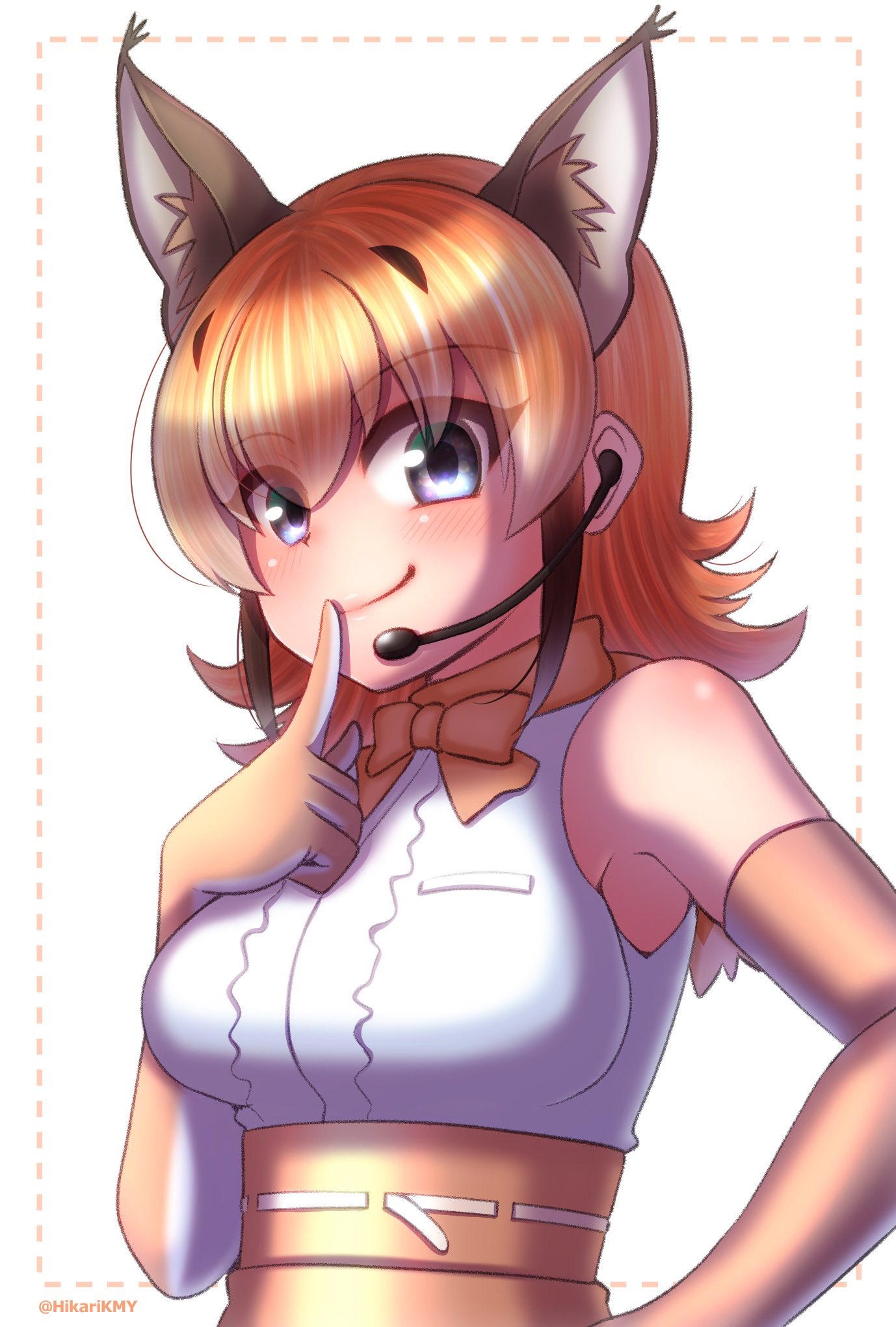 1girl animal_costume animal_ears blue_eyes bow bowtie caracal_(kemono_friends) closed_mouth elbow_gloves gloves highres hikarikmy kemono_friends kemono_friends_v_project long_hair looking_at_viewer microphone neck_ribbon ribbon shirt simple_background skirt sleeveless sleeveless_shirt smile solo virtual_youtuber white_background white_shirt