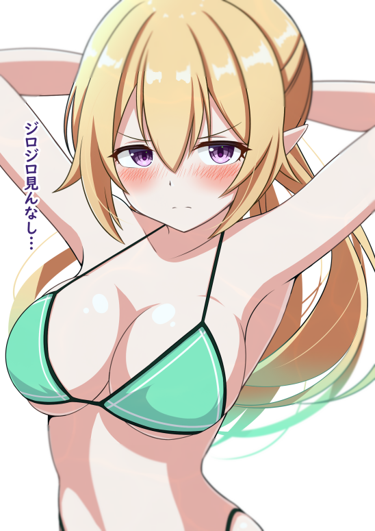 1girl bangs blonde_hair blush breasts chloe_(princess_connect!) commentary_request elf eyebrows_visible_through_hair hair_between_eyes hello_pty large_breasts looking_at_viewer multicolored_eyes pointy_ears princess_connect! short_hair solo swimsuit translation_request twintails tying_hair violet_eyes white_background