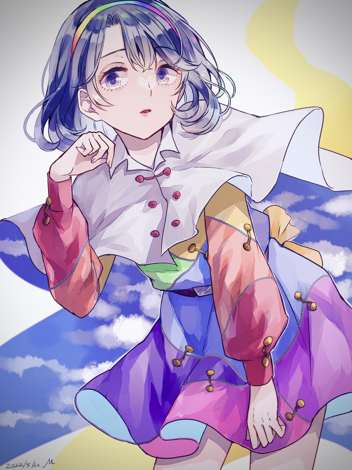 1girl blue_eyes blue_hair buttons cape commentary cowboy_shot dated dress fingernails hair_between_eyes hand_up highres long_sleeves looking_at_viewer m_(neteitai10) multicolored_clothes multicolored_dress multicolored_hairband parted_lips patchwork_clothes rainbow_gradient short_hair signature sky_print sleeve_cuffs tenkyuu_chimata touhou two-sided_cape two-sided_fabric white_cape