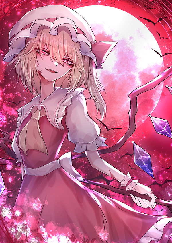 1girl 33_gaff alternate_eye_color animal ascot back_bow bangs bat bat_wings belt blonde_hair blood blood_on_face bow breasts clouds cloudy_sky collared_shirt commentary_request crystal dress eyebrows_visible_through_hair eyes_visible_through_hair fang fangs flandre_scarlet flying frilled_sleeves frills full_moon gradient gradient_legwear hair_between_eyes hand_up hat hat_ribbon head_tilt jewelry laevatein_(touhou) looking_at_viewer medium_breasts mob_cap moon moonlight multicolored_wings night night_sky one_side_up open_mouth pink_eyes pink_ribbon polearm puffy_short_sleeves puffy_sleeves red_dress red_ribbon red_sky ribbon ribbon-trimmed_headwear ribbon_trim shirt short_hair short_sleeves sky smile solo spear spear_the_gungnir standing teeth touhou upper_teeth weapon white_bow white_headwear wings wrist_cuffs yellow_ascot