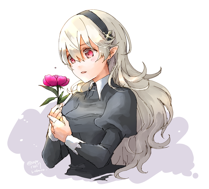 1girl bangs black_hairband black_shirt byleth_(fire_emblem) byleth_eisner_(female) corrin_(fire_emblem) corrin_(fire_emblem)_(female) cropped_torso curly_hair fate/grand_order fate_(series) fire_emblem fire_emblem:_three_houses flower grey_hair hair_between_eyes hairband holding holding_flower long_hair long_sleeves open_mouth pointy_ears red_eyes red_flower robaco shirt simple_background sketch solo twitter_username upper_body very_long_hair white_background