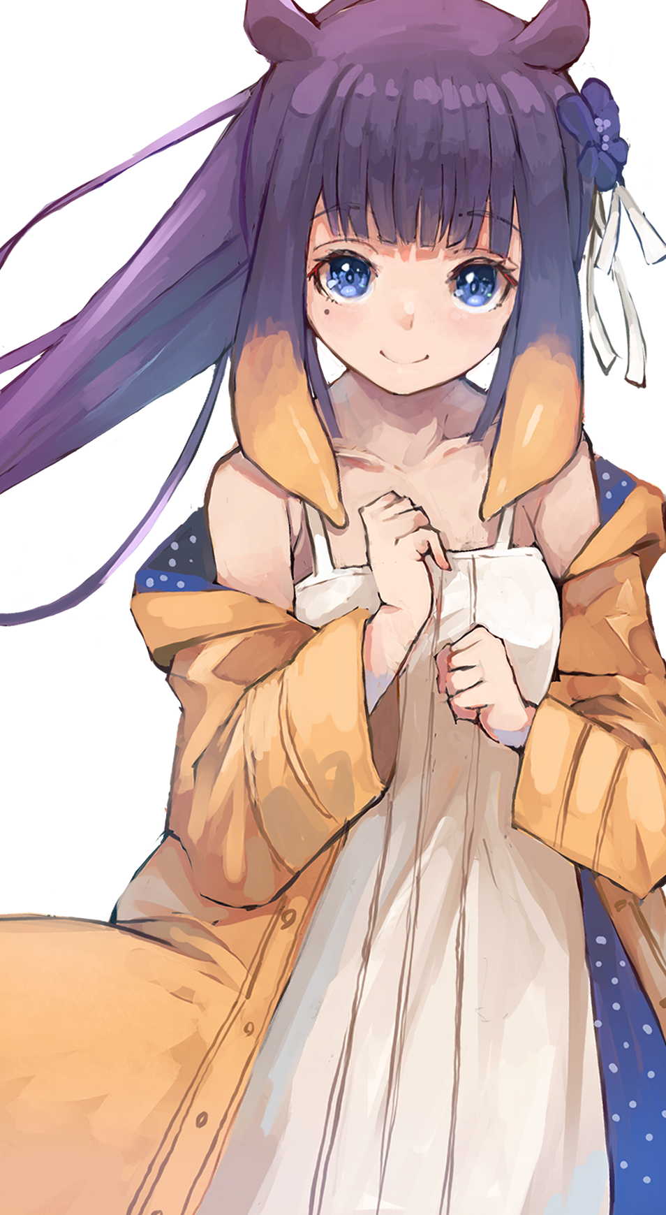 1girl blue_eyes closed_mouth collarbone dress flower hair_flower hair_ornament hair_ribbon highres hololive hololive_english long_hair looking_at_viewer mole mole_under_eye ninomae_ina'nis nyucha purple_hair ribbon simple_background smile solo virtual_youtuber white_background white_dress white_ribbon