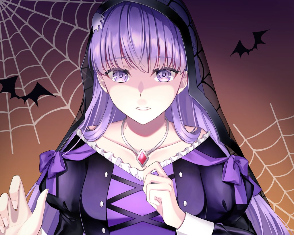 1girl absurdly_long_hair ayuri0420 bat black_dress collarbone dress fire_emblem fire_emblem:_the_binding_blade fire_emblem_heroes frilled_dress frills gradient gradient_background halloween jewelry lolita_fashion long_hair long_sleeves necklace official_alternate_costume puffy_sleeves purple_background purple_hair silk solo sophia_(fire_emblem) spider_web upper_body veil very_long_hair violet_eyes wrist_cuffs