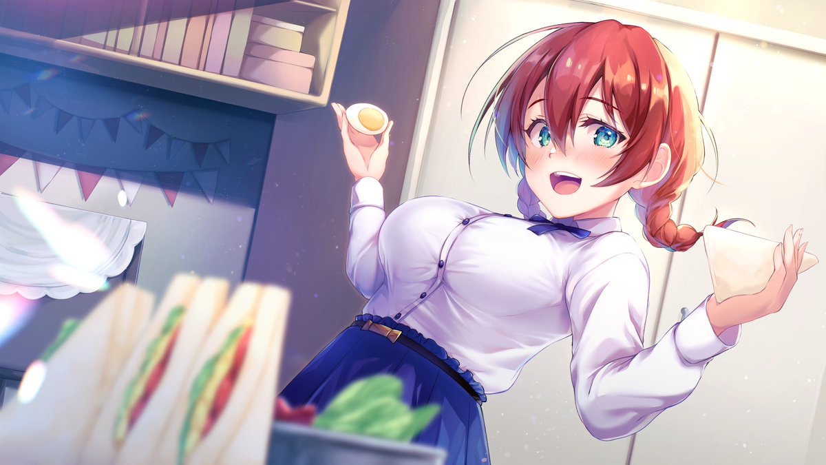 1girl :d bangs belt blue_skirt blurry blurry_foreground blush braid breasts bunting buttons collared_shirt commentary egg egg_(food) emma_verde eyebrows_visible_through_hair food freckles green_eyes hair_between_eyes happy holding holding_egg holding_food holding_sandwich indoors kaniya_shiku large_breasts long_hair long_sleeves looking_at_viewer looking_to_the_side love_live! love_live!_nijigasaki_high_school_idol_club low_twin_braids redhead sandwich shelf shirt shirt_tucked_in skirt smile solo teeth tongue twin_braids upper_body upper_teeth white_shirt