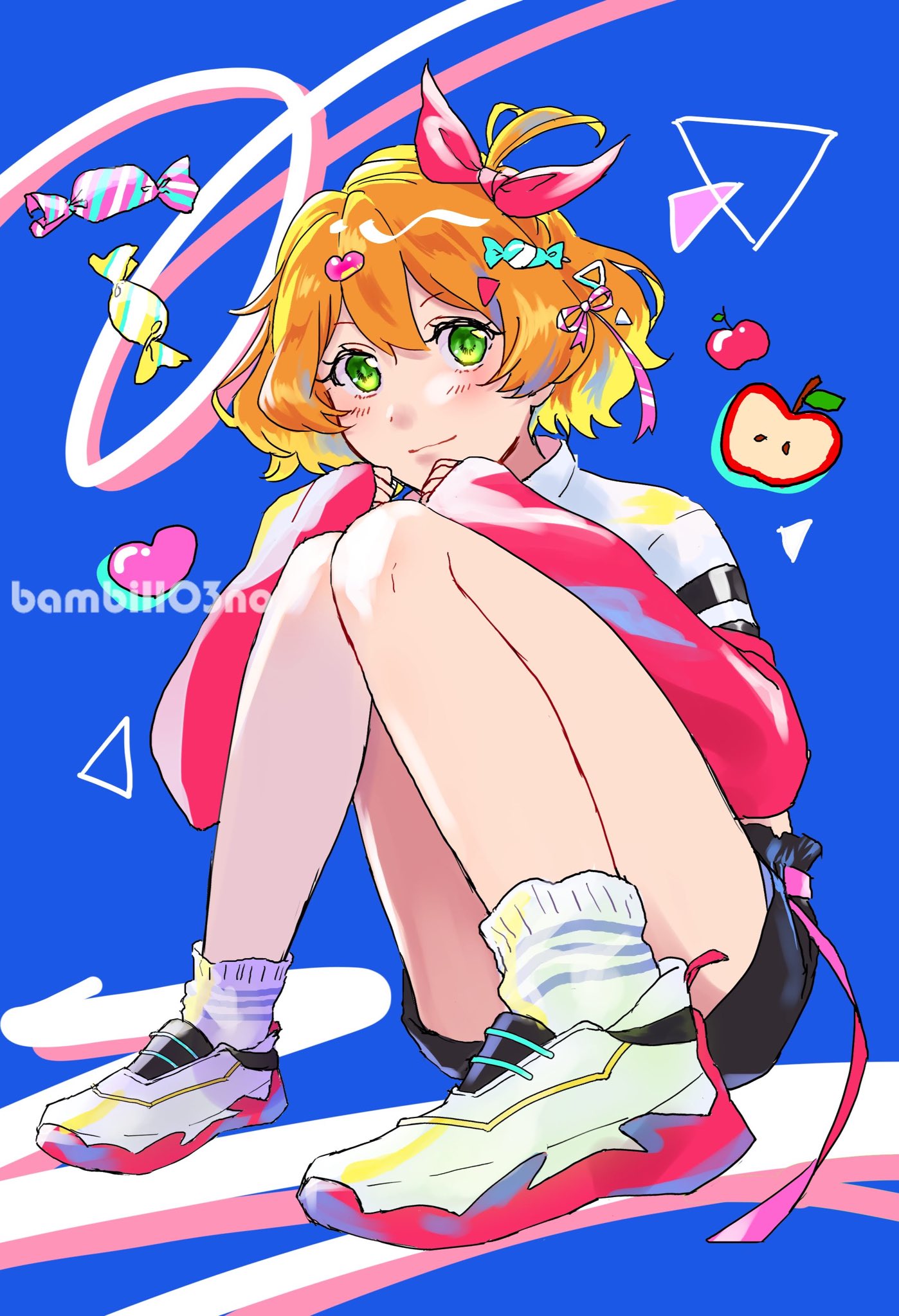 1girl anno_(bambi1103no) apple black_shorts blonde_hair blue_background candy colored_tips food freyja_wion fruit green_eyes hair_ornament heart heart_hair_ornament highres jacket macross macross_delta multicolored_hair short_hair shorts sitting sleeves_past_wrists smile solo white_footwear white_jacket