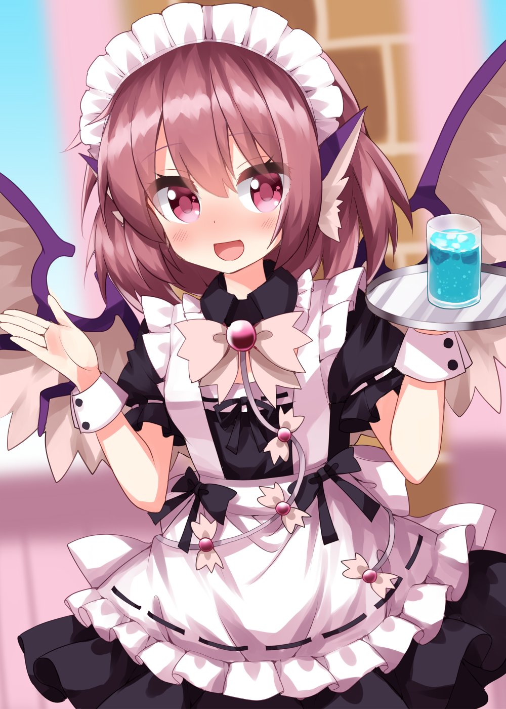 1girl :d alternate_costume apron black_dress blush bow bowtie brown_hair cowboy_shot cup dress enmaided eyebrows_visible_through_hair frilled_apron frills hair_between_eyes head_wings highres holding looking_at_viewer maid maid_apron maid_headdress mystia_lorelei open_mouth pink_eyes puffy_short_sleeves puffy_sleeves ruu_(tksymkw) short_hair short_sleeves smile solo touhou tray white_apron wings wrist_cuffs