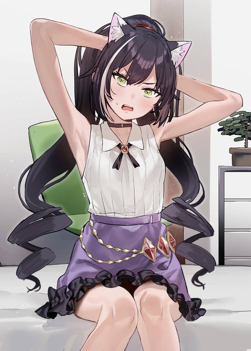 1girl animal_ear_fluff animal_ears armpits arms_behind_head arms_up bangs bare_arms black_choker black_hair blush cat_ears choker collared_shirt commentary_request drill_hair duplicate ears_visible_through_hair extra_ears feet_out_of_frame green_eyes highres indoors karyl_(princess_connect!) knees_together_feet_apart long_hair looking_at_viewer open_mouth pixel-perfect_duplicate plant potted_plant princess_connect! purple_skirt shirt sitting skirt sleeveless sleeveless_shirt solo subachi sweat twin_drills twintails v-shaped_eyebrows very_long_hair white_shirt