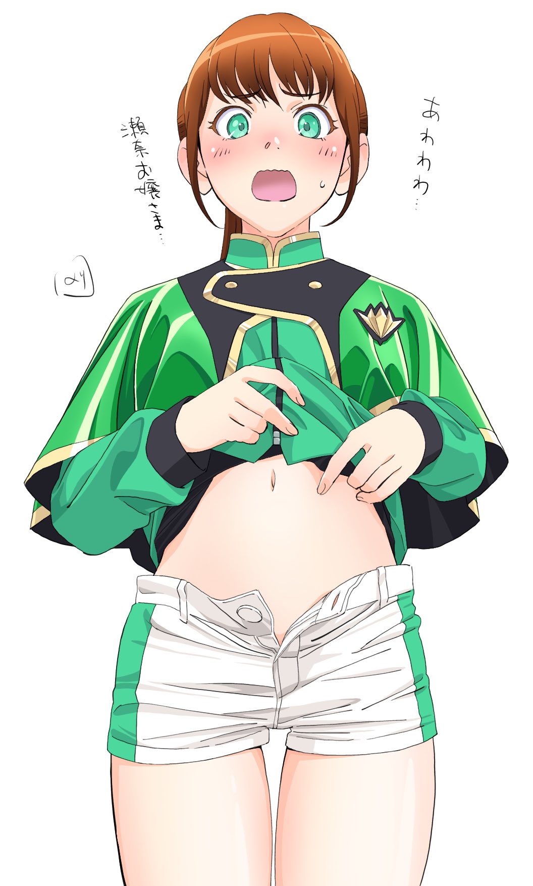 1girl animification breasts brown_hair capelet green_capelet green_eyes green_jacket hayami_sena highres jacket looking_at_viewer mashin_sentai_kiramager navel nori_(norimakigumo) open_mouth shorts simple_background solo super_sentai unzipped white_background white_shorts