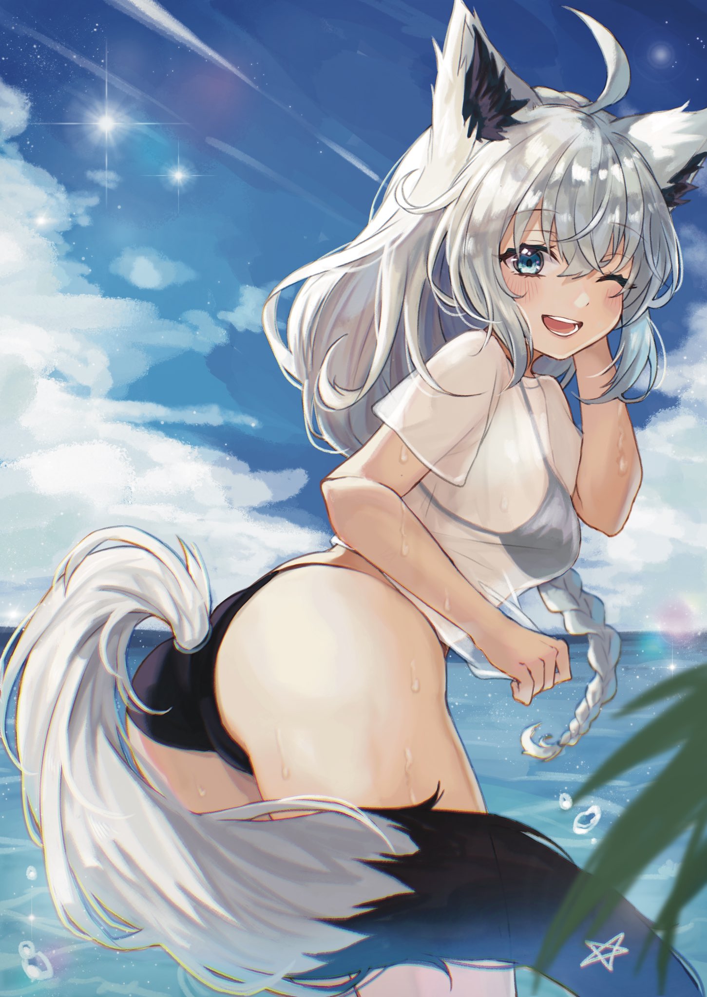 1girl ahoge animal_ear_fluff animal_ears ass bikini bikini_under_clothes black_bikini blue_eyes braid breasts clouds fox_ears fox_girl fox_tail from_behind grey_hair highres hololive leaning_forward long_hair looking_back no_pants one_eye_closed open_mouth outdoors shirakami_fubuki shirt short_sleeves sky smile solo soraneko_(purin_kudasai) swimsuit t-shirt tail thighs virtual_youtuber wet wet_clothes wet_shirt white_shirt