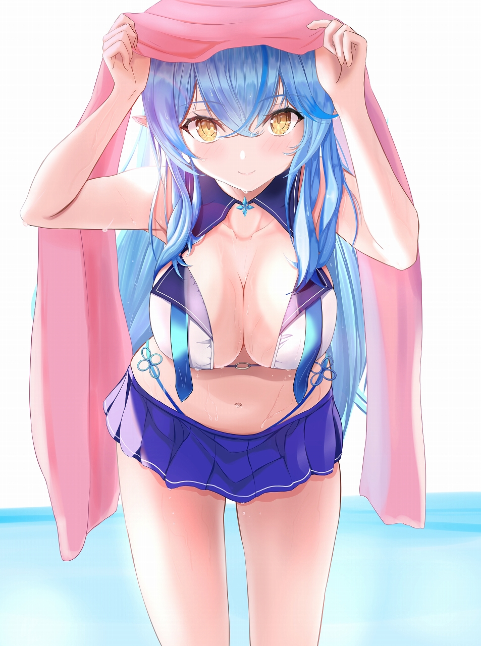 1girl blue_eyes breasts highres hololive large_breasts long_hair looking_at_viewer pointy_ears solo swimsuit user_xmcj2427 virtual_youtuber yellow_eyes yukihana_lamy