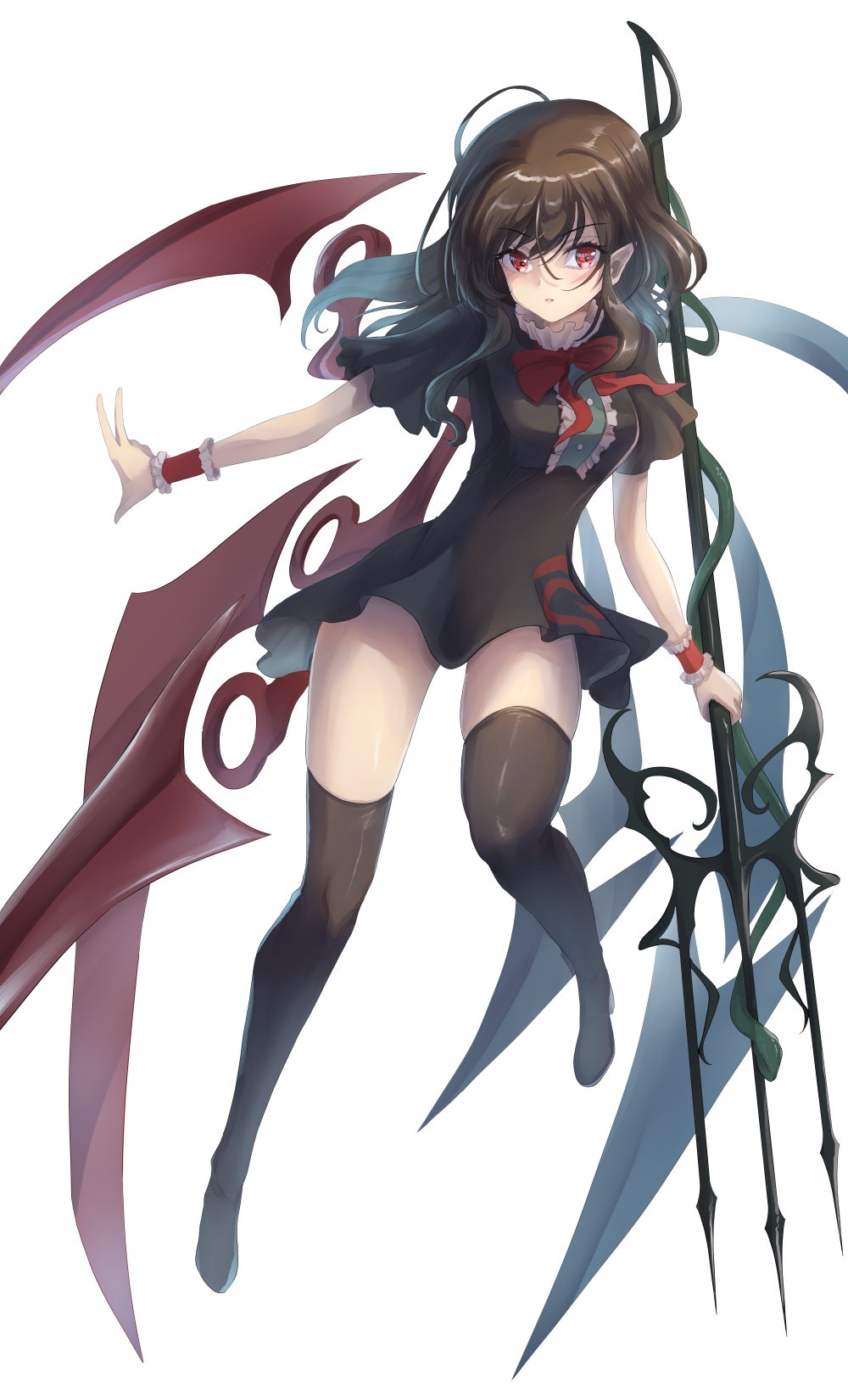 1girl alternate_hair_length alternate_hairstyle asymmetrical_wings bangs black_dress black_hair black_legwear blue_wings blush bow bowtie breasts center_frills dress eyebrows_visible_through_hair floating_hair frills full_body hair_between_eyes highres holding holding_polearm holding_weapon houjuu_nue looking_at_viewer medium_hair namiki_(remiter00) pointy_ears polearm red_bow red_bowtie red_eyes red_wings short_dress short_sleeves sidelocks simple_background skindentation small_breasts snake solo thigh-highs touhou trident w weapon white_background wide_sleeves wings wrist_cuffs