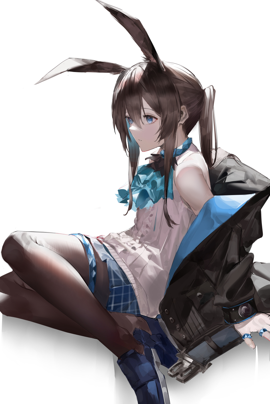 1girl amiya_(arknights) animal_ears arknights ascot bare_shoulders black_jacket blazpu blue_ascot blue_eyes blue_footwear blue_skirt brown_hair brown_legwear expressionless extra_ears from_side full_body highres jacket long_hair looking_away off_shoulder open_clothes open_jacket pantyhose parted_lips ponytail rabbit_ears shirt shoes sidelocks simple_background sitting skirt sleeveless sleeveless_shirt solo white_background white_shirt