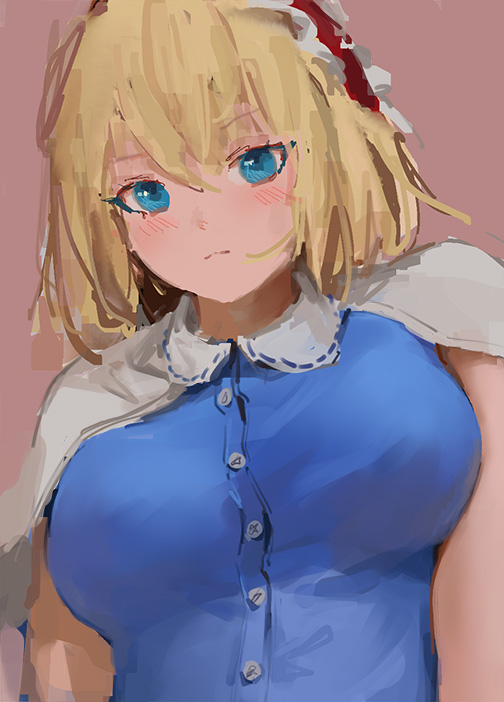 1girl alice_margatroid bangs blonde_hair blue_dress blue_eyes blush breasts brown_background buttons capelet closed_mouth dress english_commentary eyebrows_visible_through_hair eyes_visible_through_hair frills grey_capelet hair_between_eyes hairband looking_at_viewer medium_breasts red_hairband reddizen short_hair short_sleeves simple_background solo touhou