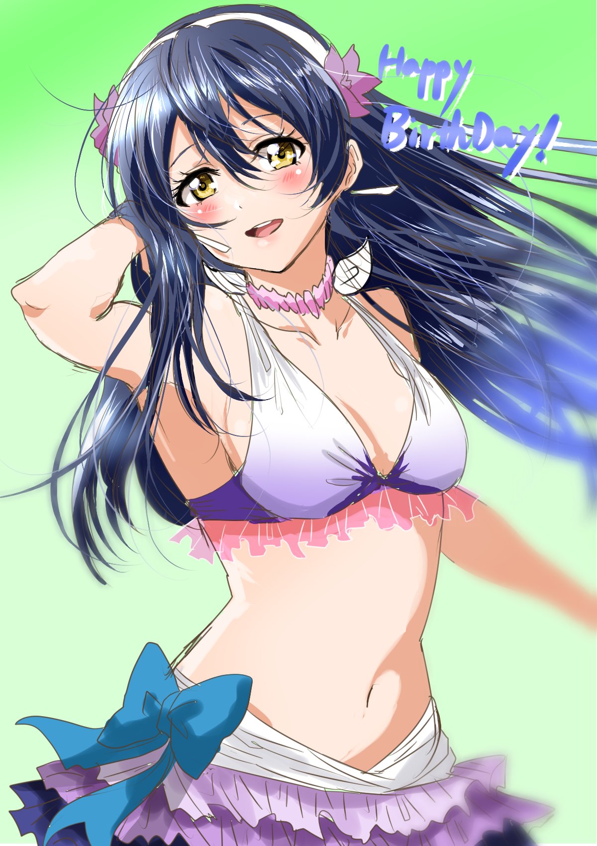 1girl bangle bangs bikini bikini_skirt blue_hair blush bracelet earrings flower frilled_bikini frills hand_in_own_hair happy_birthday hibiscus highres jewelry long_hair looking_at_viewer love_live! love_live!_school_idol_project natsuiro_egao_de_1_2_jump! open_mouth shogo_(4274732) simple_background smile solo sonoda_umi swept_bangs swimsuit yellow_eyes