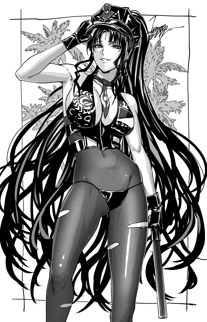 1girl arm_up bangs banned_artist bikini black_eyes black_gloves black_hair black_legwear breasts fate/extra fate/grand_order fate_(series) fingerless_gloves gloves greyscale hat holding holding_weapon iwamoto_eiri long_hair looking_at_viewer military_hat monochrome pantyhose sesshouin_kiara sesshouin_kiara_(swimsuit_mooncancer) sesshouin_kiara_(swimsuit_mooncancer)_(second_ascension) smile solo swimsuit thigh-highs torn_clothes weapon