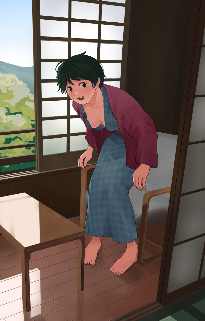 1girl bangs bath_yukata bathroom black_eyes black_hair breasts commentary_request couch highres japanese_clothes kantai_collection kimono leaning_forward looking_at_viewer mogami_(kancolle) no_bra short_hair small_breasts smile solo standing swept_bangs table tooku_nomura_(artist) window wooden_floor yukata