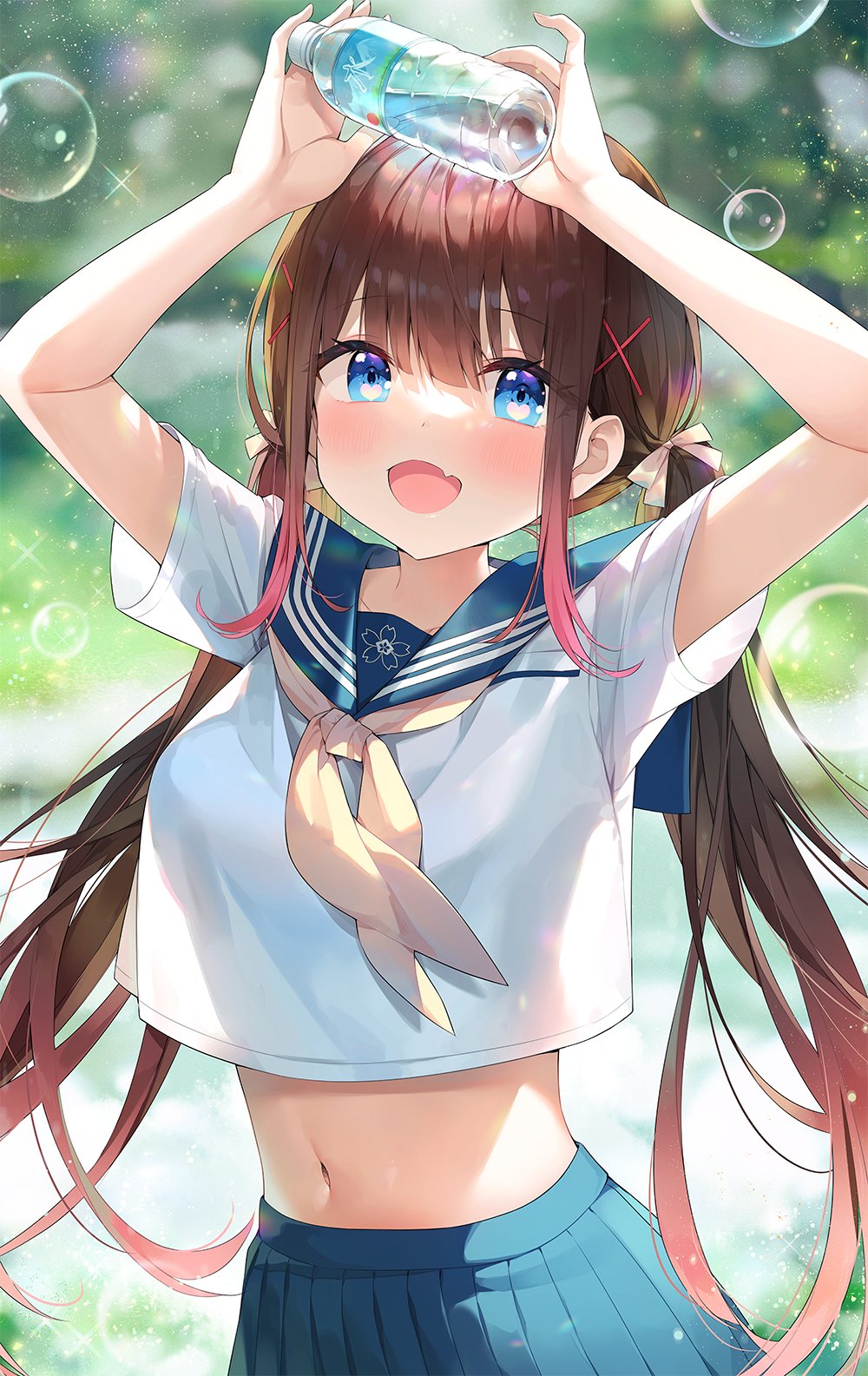 1girl :d arms_up ayamy ayamy_(vtuber) blue_eyes blue_skirt blurry bokeh bottle breasts brown_hair bubble crop_top crop_top_overhang depth_of_field fang hair_ornament hair_ribbon hairclip highres holding indie_virtual_youtuber long_hair looking_at_viewer medium_breasts midriff navel neckerchief open_mouth pleated_skirt ribbon sailor_collar school_uniform see-through_silhouette serafuku shirt short_sleeves sidelocks skirt smile solo stomach twintails upper_body virtual_youtuber water_bottle white_shirt x_hair_ornament