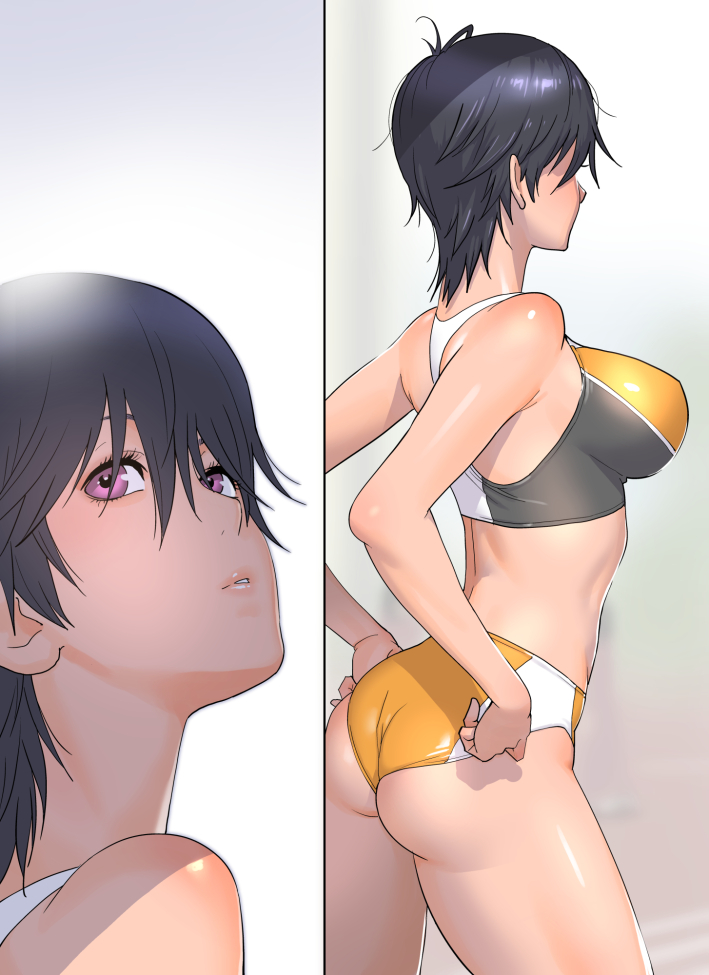 1girl adjusting_buruma adjusting_clothes ass bare_shoulders black_hair breasts buruma commentary cowboy_shot face from_side kotoyoshi_yumisuke large_breasts looking_up midriff multiple_views original parted_lips short_hair sports_bra thighs toned violet_eyes wedgie
