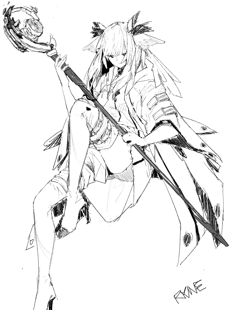 1girl arknights belt boots coat expressionless feet_out_of_frame full_body high_heels holding holding_staff monochrome open_clothes open_coat owl_ears ptilopsis_(arknights) rine_025 shorts signature sketch solo staff thigh_boots traditional_media