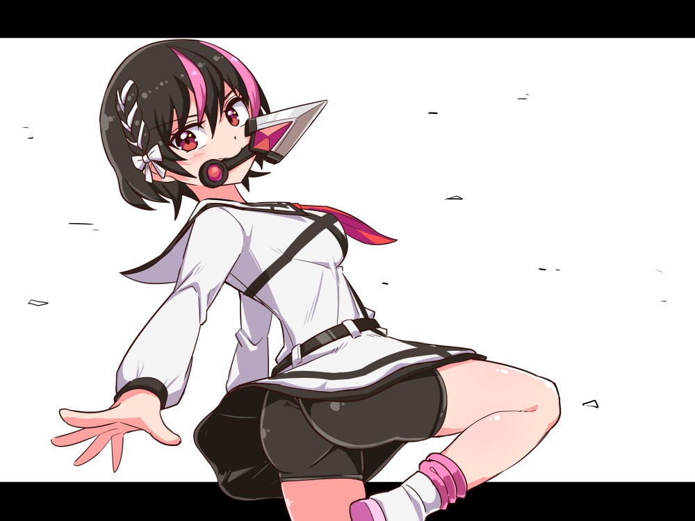 1girl ass bangs beatus_creation belt bike_shorts black_belt black_hair black_shorts braid cougar_(cougar1404) dress hair_ornament hair_ribbon hatsume_(beatus_creation) kunai leg_up letterboxed long_sleeves looking_at_viewer looking_back mouth_hold multicolored_hair neckerchief pink_hair red_eyes red_neckerchief ribbon sailor_collar sailor_dress shoes short_dress short_hair shorts side_braid solo standing streaked_hair weapon white_background white_dress white_footwear white_ribbon white_sailor_collar