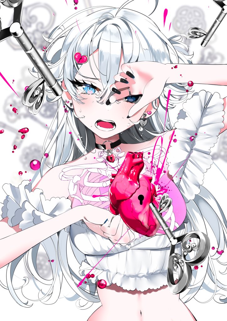 1girl blue_eyes breasts choker covering_face earrings fangs hair_between_eyes hair_ornament heart heart_(organ) heart_hair_ornament jewelry key liquid lock long_hair looking_at_viewer navel open_mouth original padlock shirt skeleton small_breasts solo symbolism teeth tsurime upper_body watariganikun white_background white_hair white_shirt x-ray