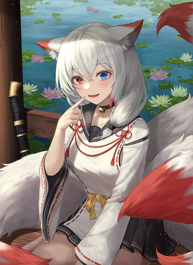 1girl animal_ears bangs belt_collar black_collar black_sailor_collar black_skirt blue_eyes blush braid collar fox_ears fox_tail hair_between_eyes long_hair looking_at_viewer mookyuu9 multicolored_eyes original pleated_skirt red_eyes sailor_collar sitting skirt smile solo tail wariza