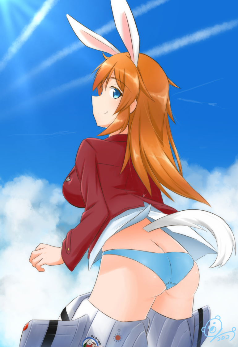 1girl animal_ears ass blazer blue_eyes blush breasts butt_crack charlotte_e._yeager closed_mouth contrail eyebrows_visible_through_hair flying from_behind jacket kukoroko large_breasts long_hair looking_at_viewer looking_back orange_hair panties rabbit_ears rabbit_tail red_jacket shiny shiny_hair sky smile solo strike_witches striker_unit tail underwear white_panties world_witches_series