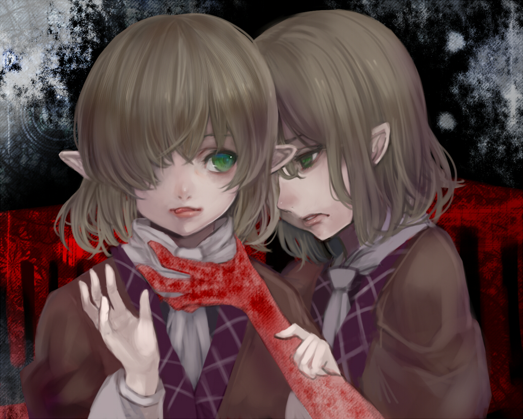 2girls alternate_hair_color bangs black_shirt blood_on_arm brown_hair brown_shirt clone commentary_request green_eyes hair_between_eyes hair_over_one_eye looking_at_another mamepon mizuhashi_parsee multiple_girls pointy_ears scarf shirt short_hair spell_card tongue tongue_out touhou undershirt upper_body white_scarf