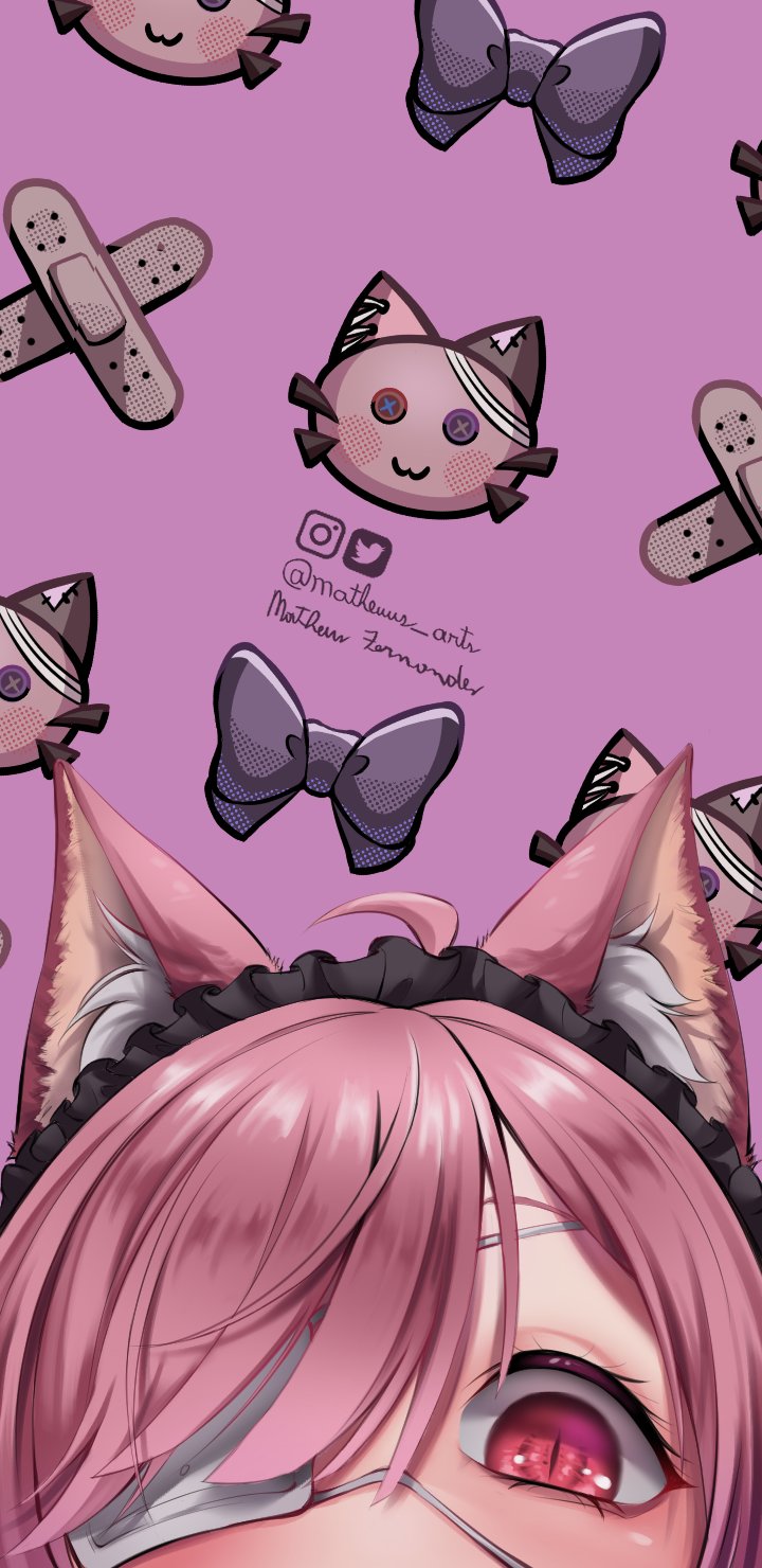 ahoge animal_ears bandaid bangs blush bow bowtie braid braiding_hair button_eyes cat_ears cat_girl eyebrows_behind_hair hairdressing heterochromia highres indie_virtual_youtuber instagram_logo instagram_username looking_at_viewer looking_down matheuus_arts mikeneko_(utaite) patterned_background pink_hair pon-chan_(mikeneko) purple_background red_eyes sidelocks simple_background stuffed_toy twitter_logo twitter_username