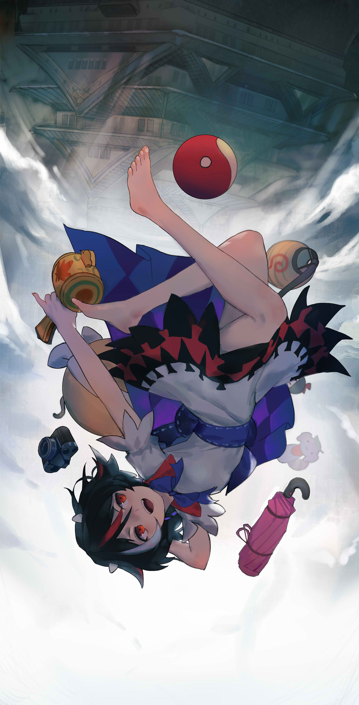 1girl :d absurdres arm_behind_head bangs barefoot black_hair blue_bow bomb bow bowtie camera checkered_blanket commentary_request doll dress full_body hair_between_eyes hair_bow highres holding holding_mallet horns impossible_spell_card jizou kijin_seija lantern leaf mallet miracle_mallet multicolored_hair orb paper_lantern red_bow red_eyes redhead shining_needle_castle short_hair short_sleeves sideways_glance siyumu smile solo streaked_hair teeth touhou umbrella upper_teeth upside-down waist_bow white_dress white_hair yin_yang yin_yang_orb