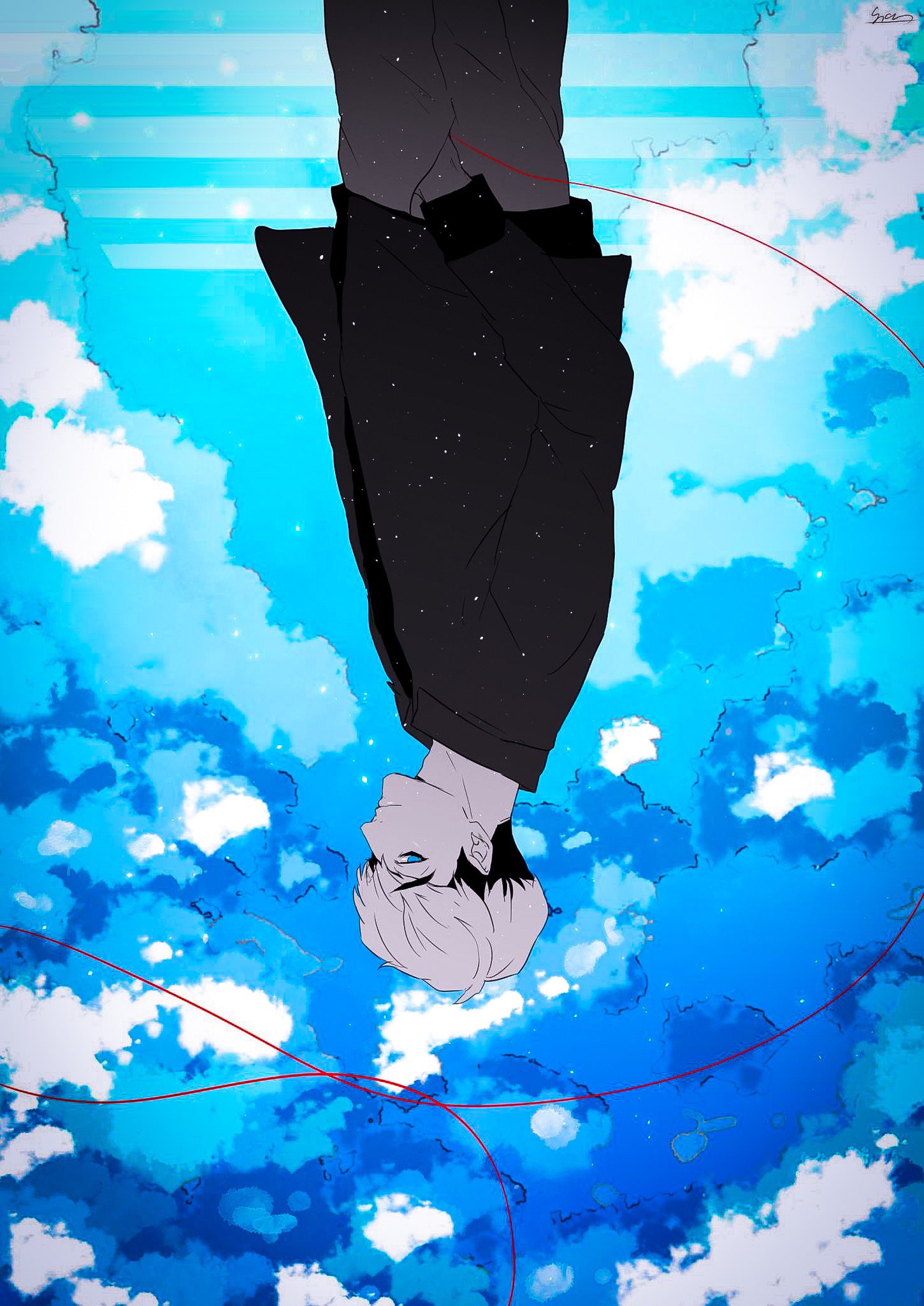 1boy blue_sky blue_theme clouds cloudy_sky highres killing_stalking looking_at_viewer monochrome oh_sangwoo sky sono_(sononew) string string_of_fate undercut upside-down