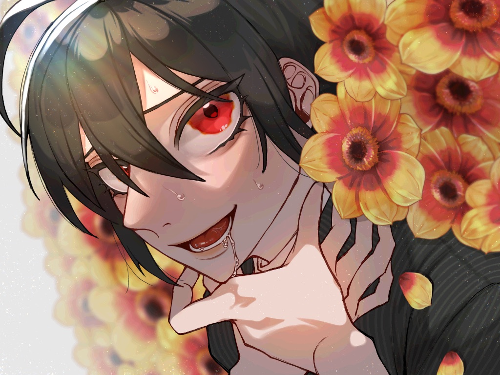 1boy bangs black_hair black_jacket blurry blurry_background commentary_request danganronpa_(series) danganronpa_v3:_killing_harmony flower flower_request hair_between_eyes hand_on_own_throat hands_up jacket looking_at_viewer male_focus niwatori_panda open_mouth red_eyes red_flower saihara_shuuichi saliva short_hair solo striped striped_jacket sweat teeth tongue yellow_flower